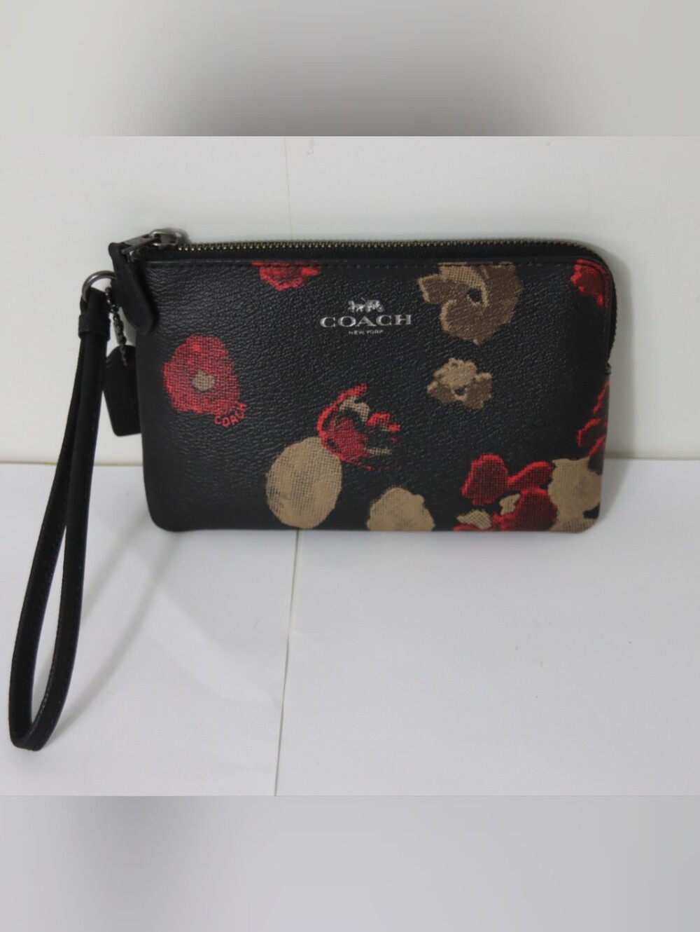 Coach Black Floral Wristlet with Red and Tan Blooms F55824